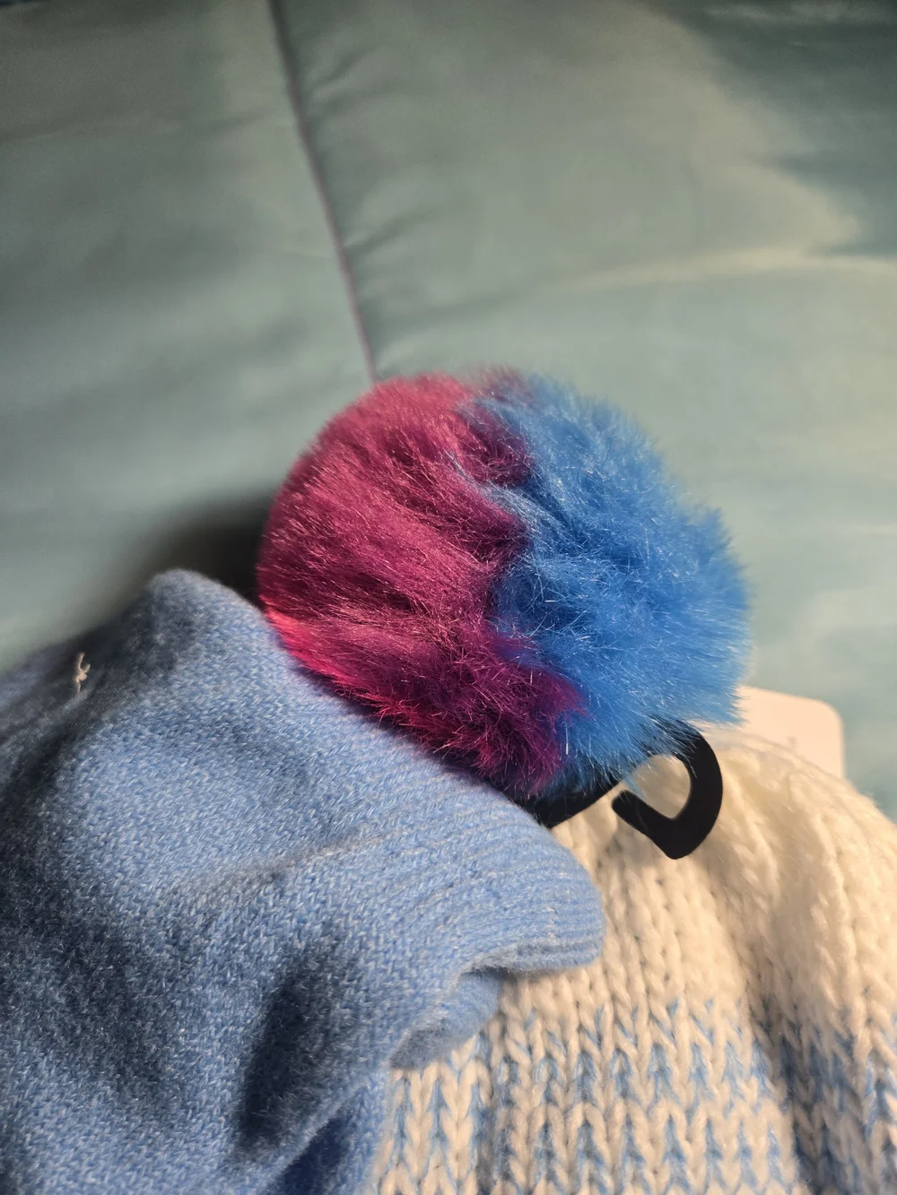 Girls' Light Blue Knit Beanie with Colorful Pom-Pom and Balloon Dog Patch
